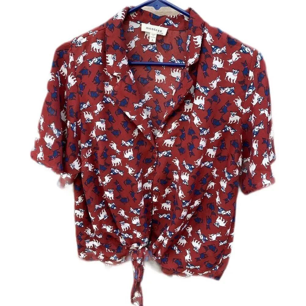 Montaeu size L French Bulldog print cropped tie front top
